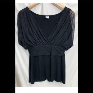 Three dots Black Plunge V Neck Sheer Shoulder top